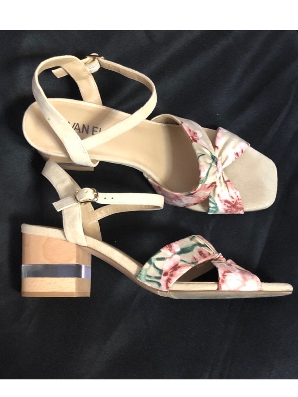Vaneli Beige Floral Knot Front Block Heel Sandals - Picture 3 of 3